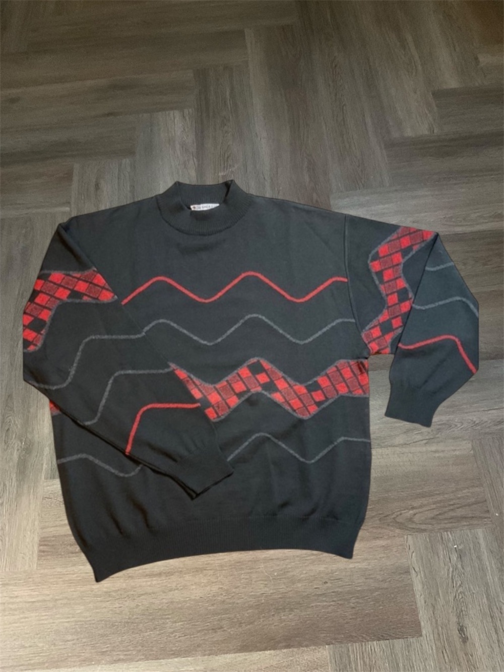 Vintage Andre Ghekiere Abstract 100% Virgin Wool Sweater Mens XL Black Red